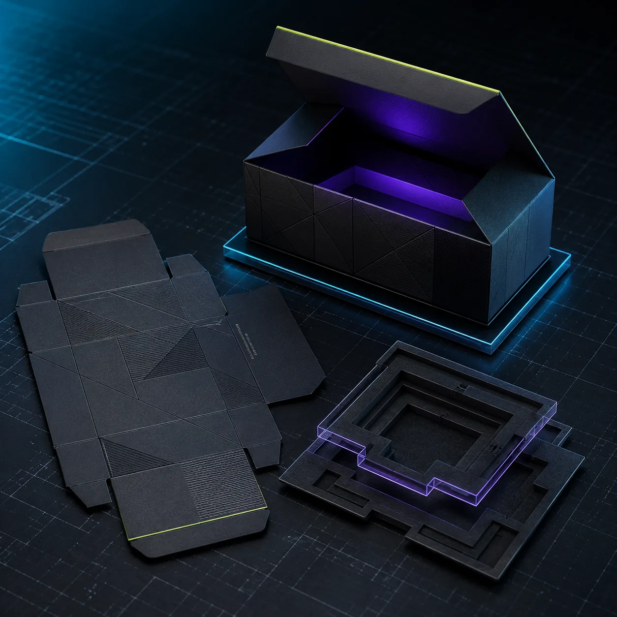 Caja premium, plantilla de corte y capas de protección para empaque